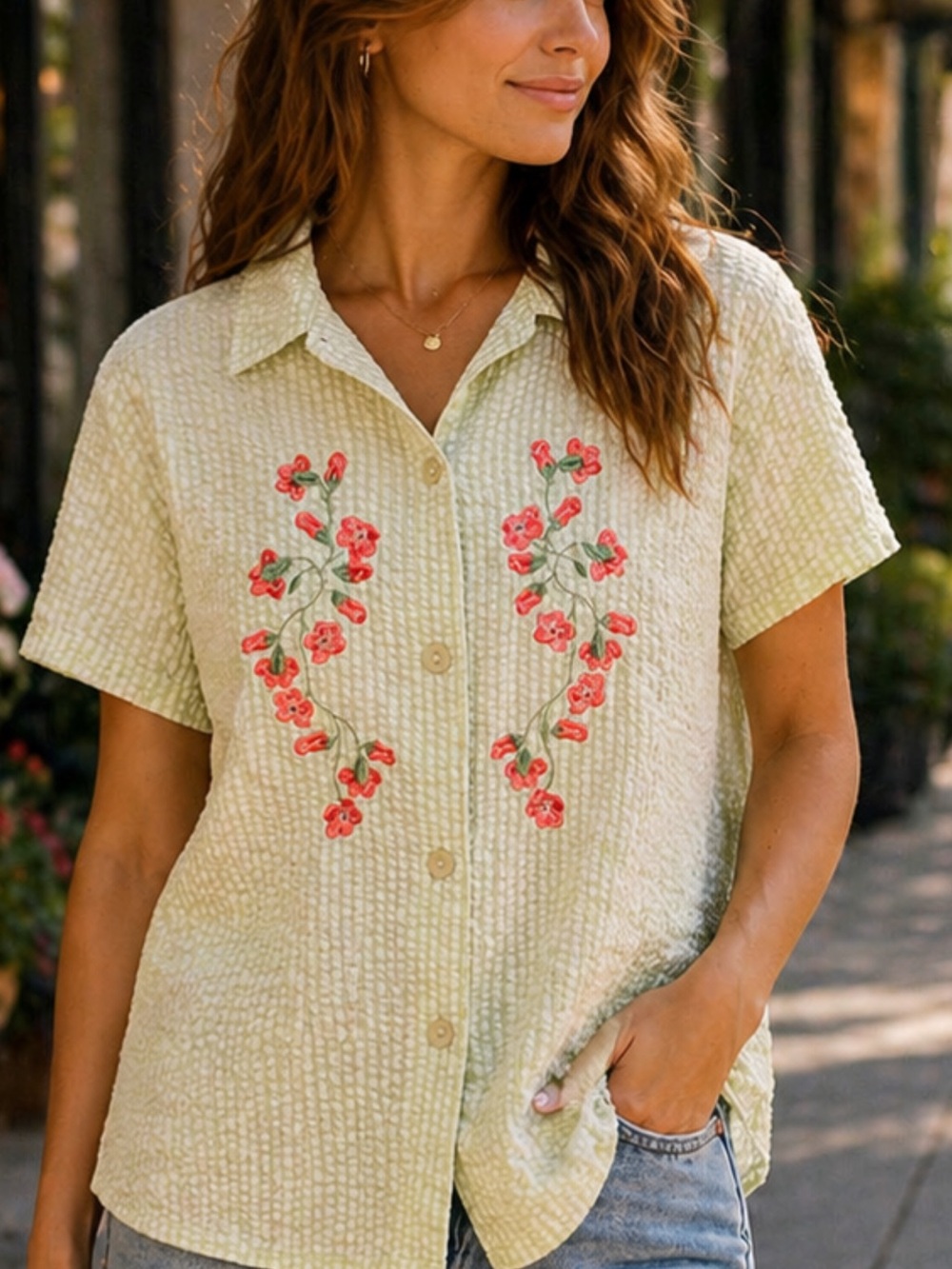 Cottagecore Textured Seersucker Blouse XL Embroidered Floral Button